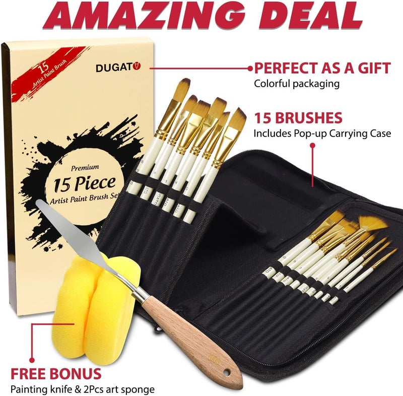 DUGATO 15pc Artist Paint Brush Set with Pop-Up Case, Palette Knife & Sponges - Nylon Hair for Acrylic, Oil, Watercolor, Gouache, Model & Craft Painting - Image 2